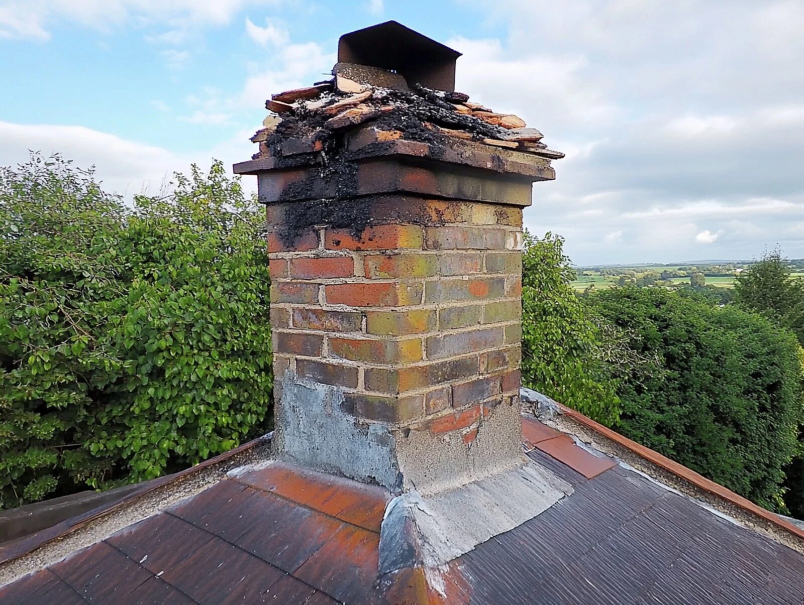 Weathered brick chimney in need of repointing