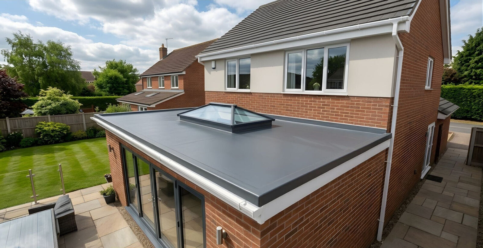 Fibreglass flat roof with skylight