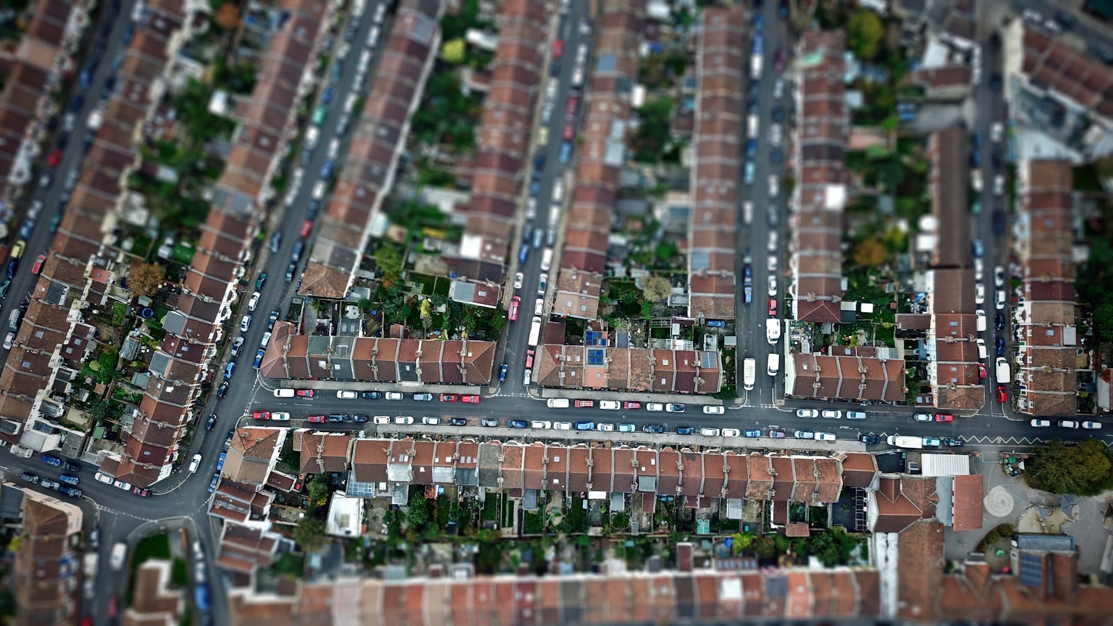 Rows of British houses with slate and tile roofs